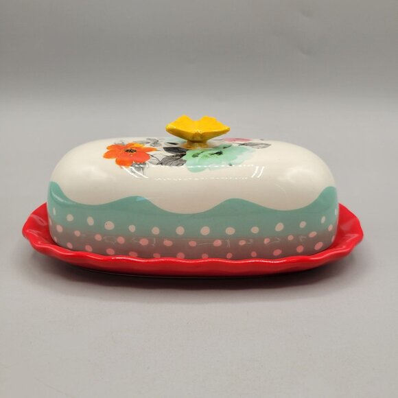 Pioneer Woman Butter Dish Floral Ceramic Butterfly Top Lid and Red Tray - Picture 1 of 10